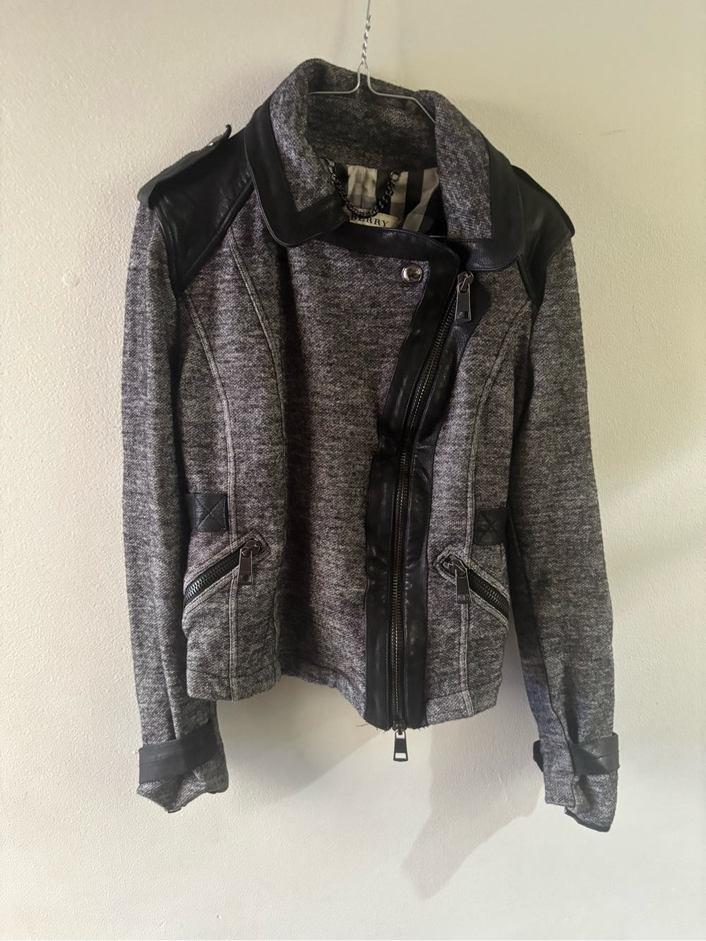 Burberry Grey and Black Mixed-Media Leather-Trim Jacket